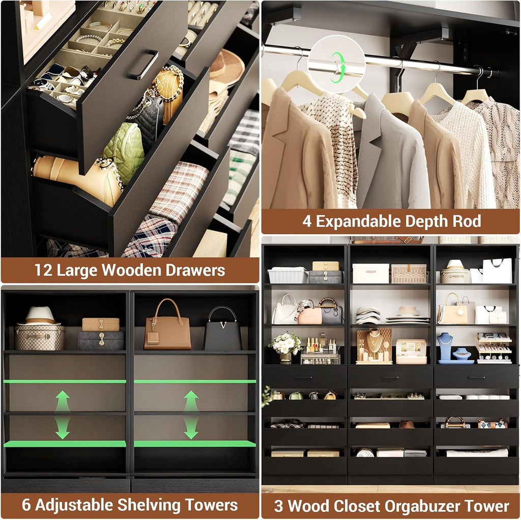 Closet System with 12 Drawers, 138.5" Wood Closet Organizer System with 4 Hanging Rods & Top Shelves, 6.7+4.85Ft L