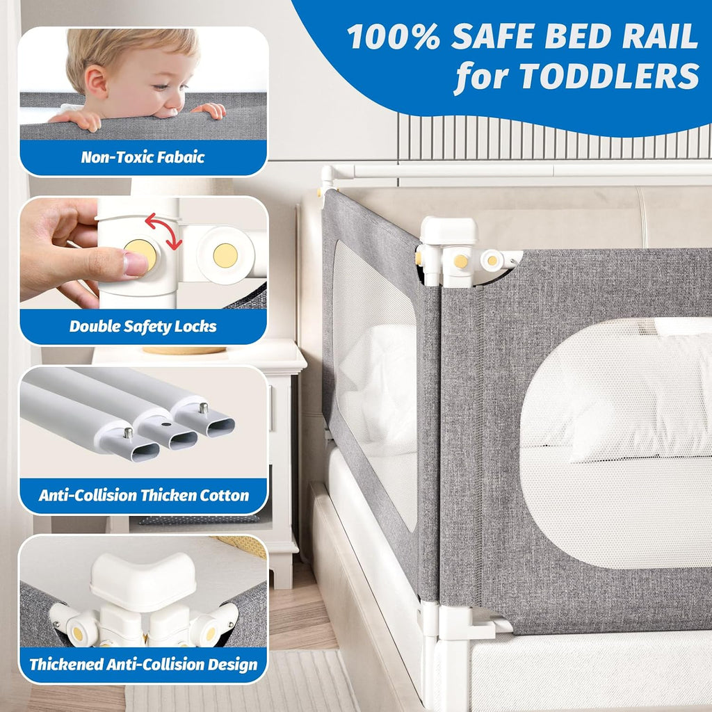 3-Piece Queen Size Bed Rails for Toddlers, with Headboard Rod -Height Adjustable Baby' Safety Bed Rails Guard for
