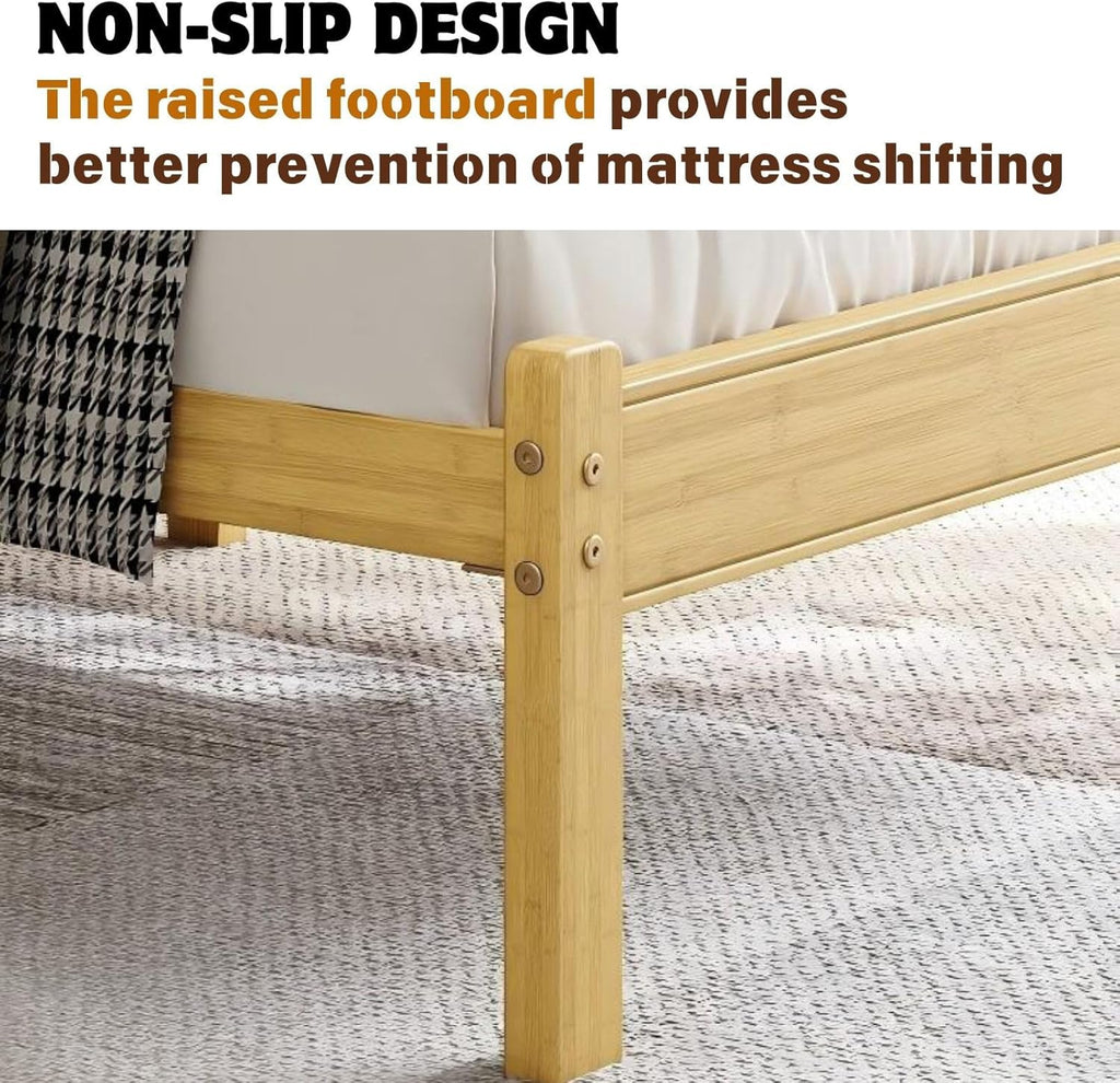 14 Inch Solid Bamboo Wood Queen Bed Frame with Headboard, Platform Bed Frame Queen with Metal Slats, No Box Spring