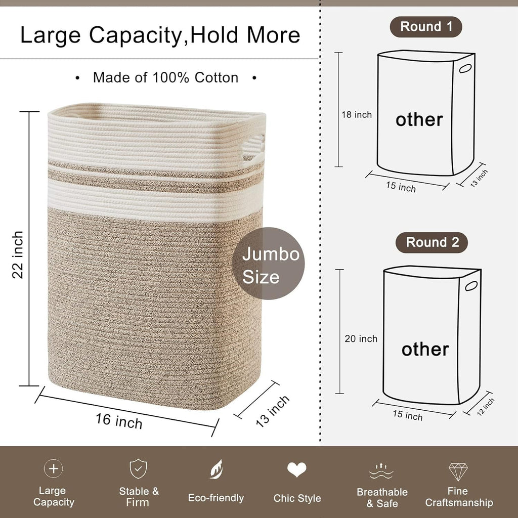 Laundry Hamper-Laundry Basket,Tall Cotton Storage Basket with Handles,Decorative Blanket Basket ,Collapsible Large