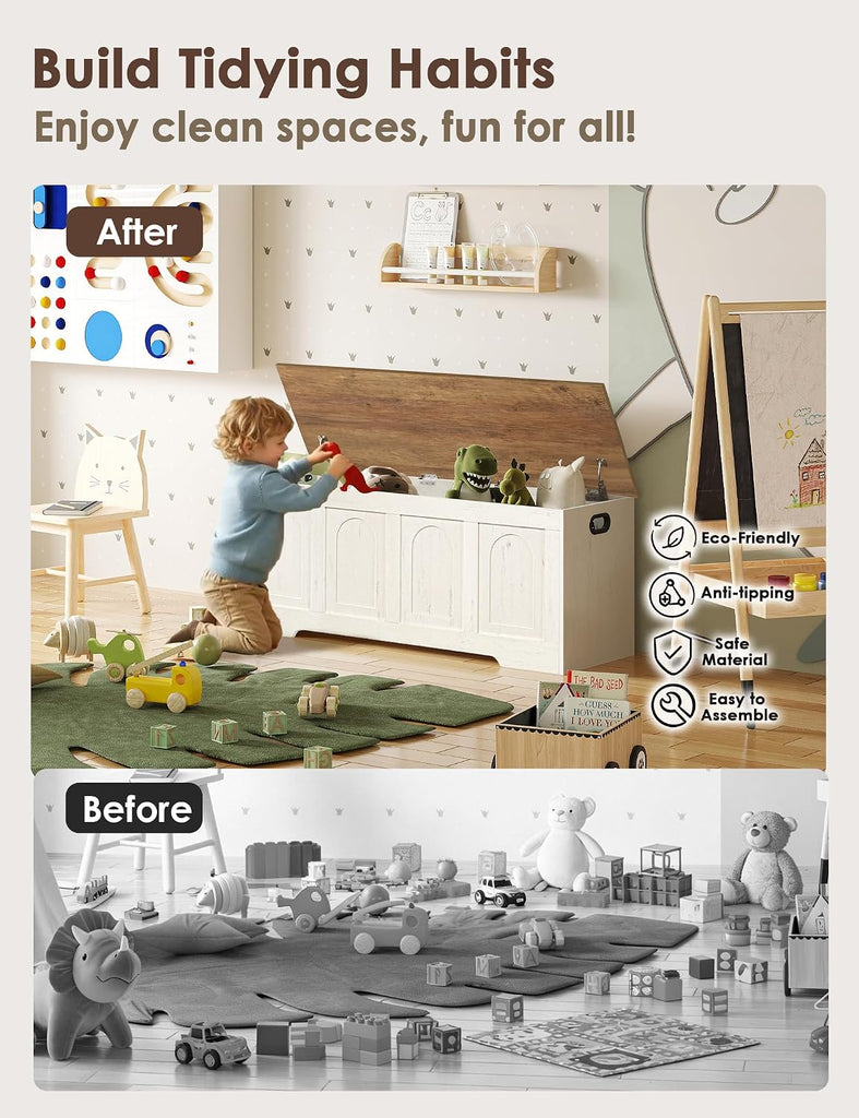 Storage Chest, Wooden Toy Box with Lid, 2 Soft-Close Hinges 47.2" | Farmhouse Storage Bench, Finger-safe Flip-Top