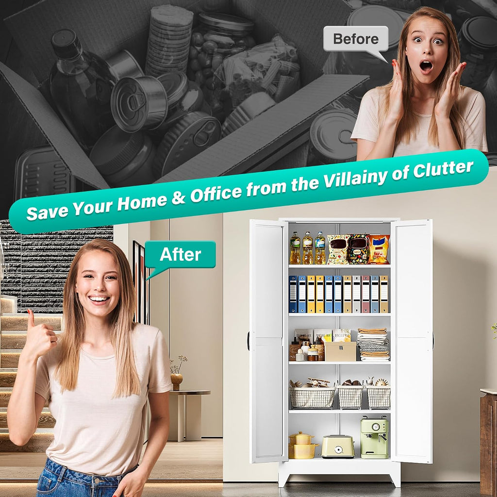75" Tall Pantry Cabinet,Farmhouse Kitchen Pantry Storage Cabinets with 2 Doors and 5 Shelves,White Metal Storage
