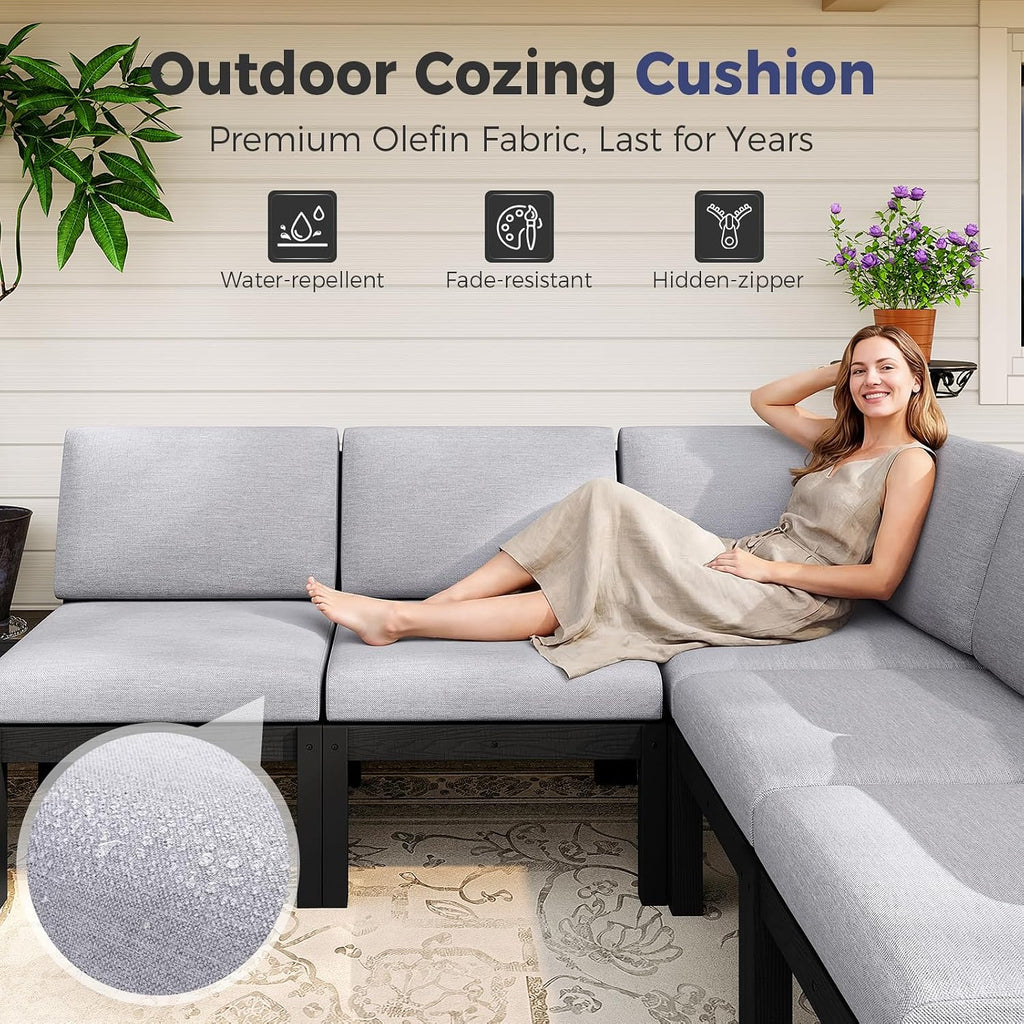 Modular Outdoor Patio Conversation Set, 7-Piece L-Shaped Sectional Sofa Set with Coffee Tables & Thick Cushions, Easy