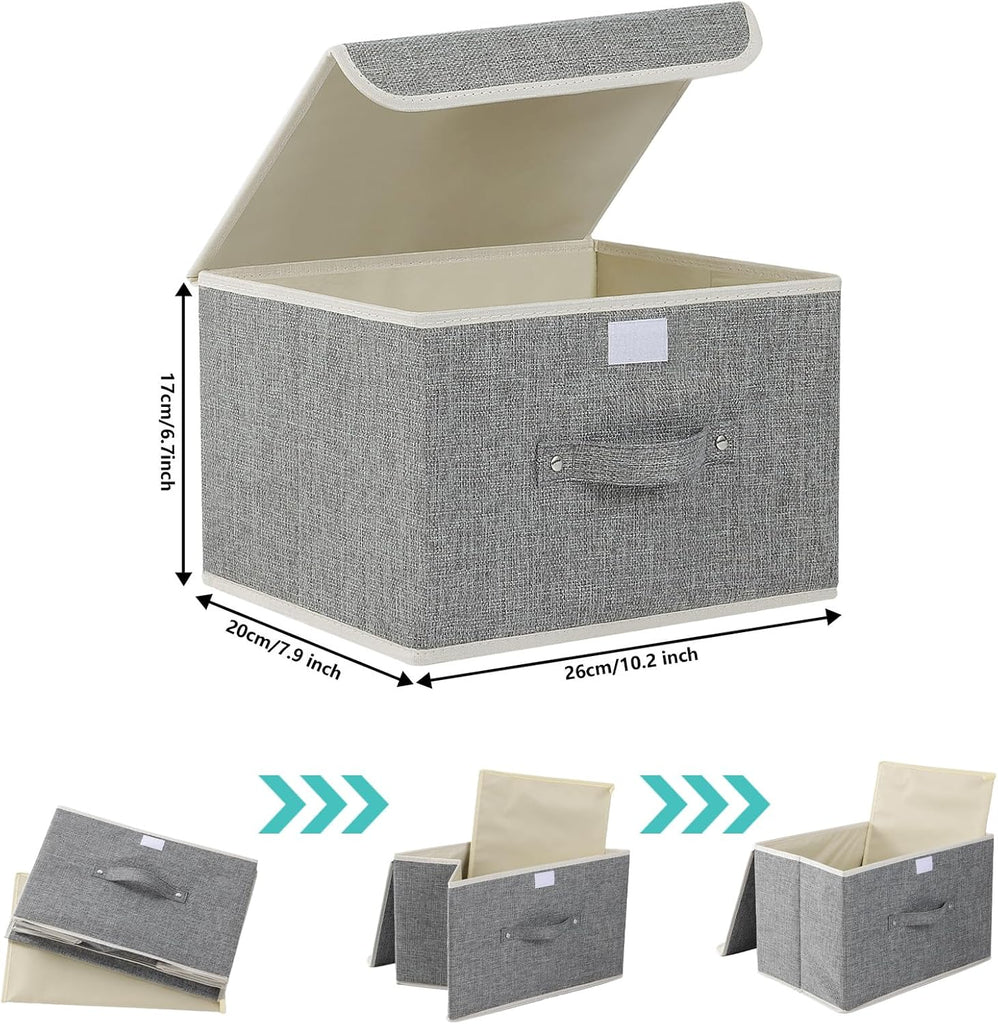 Foldable Fabric Storage Cubes with Lids,Grey 10.2x7.9x6.7in,3 Pack | Storage Bins with Handles,PP Panel Closet