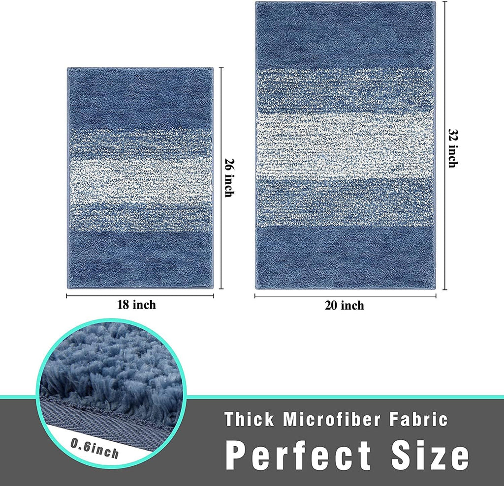 Luxury Soft Bathroom Rugs Set of 2, Blue Non Slip Bath Floor Mat | Microfiber Shaggy Plush Absorbent Striped Washable