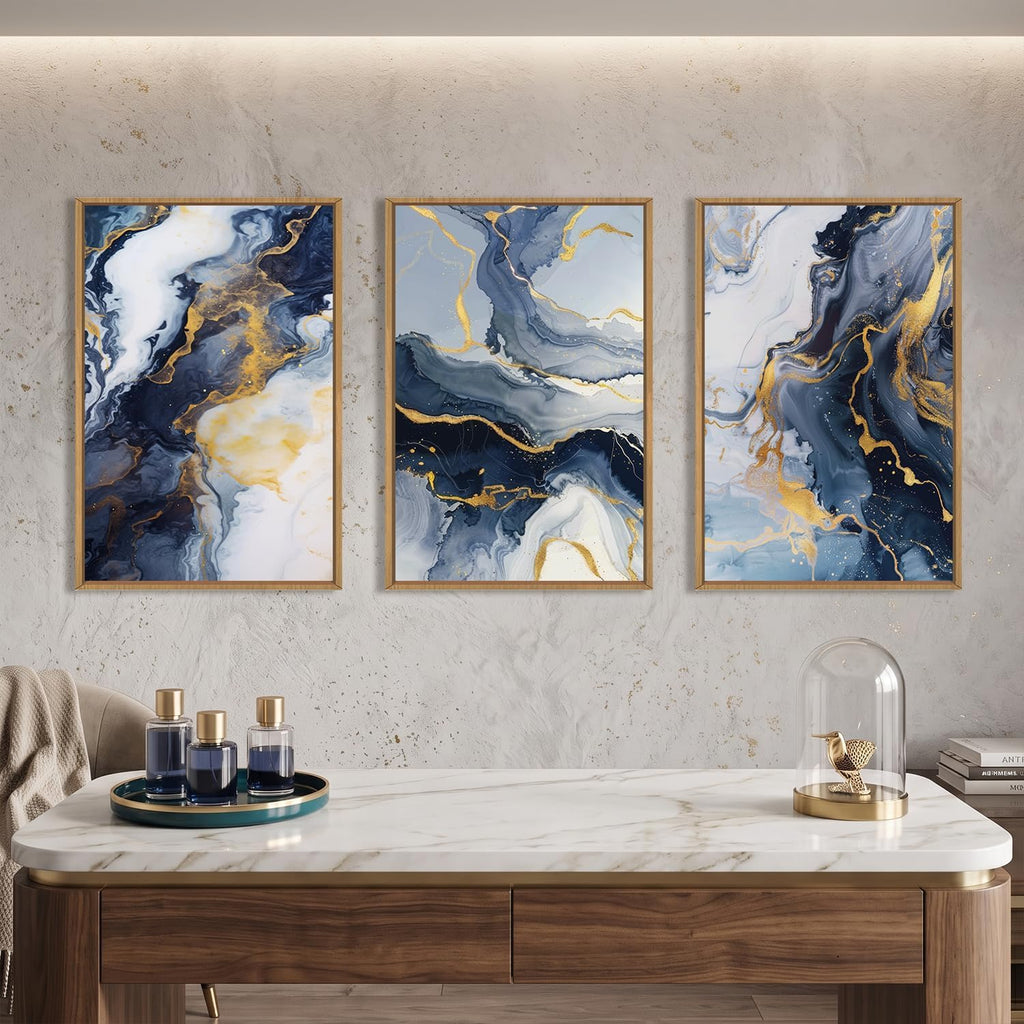 Abstract Navy Blue and Gold Framed Canvas Wall Art Set-16"x24"x3