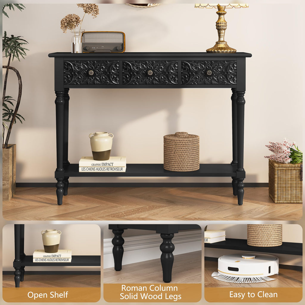 42" Carved Entryway Console Table with 3 Drawers, Black