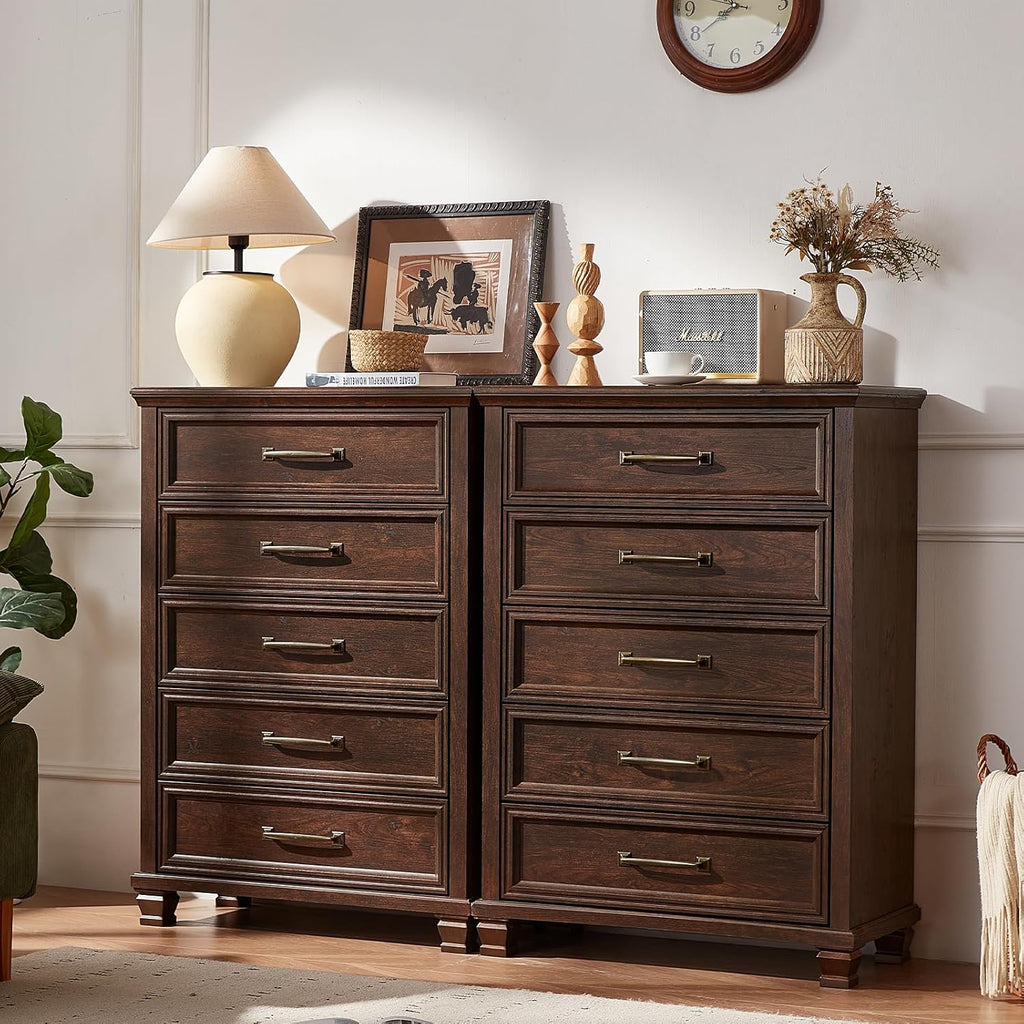Farmhouse Chest of Drawers , 45" Tall Dresser for Closet, Rustic Wood Dressers , Walnut