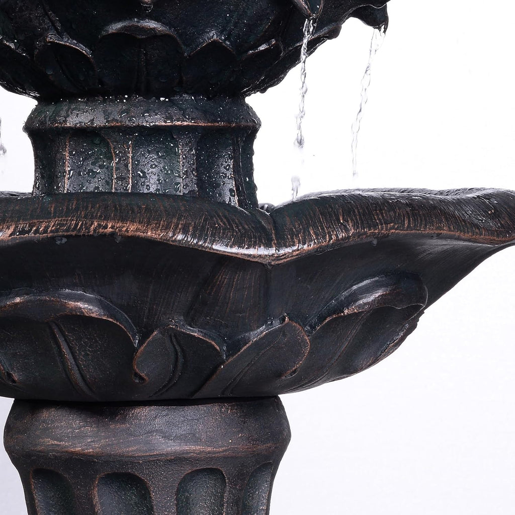 Lily Flower Floor Pedestal 3 Tiered Floor Waterfall Fountain with Pump Patio Garden Backyard Decking, 38 Inch Height