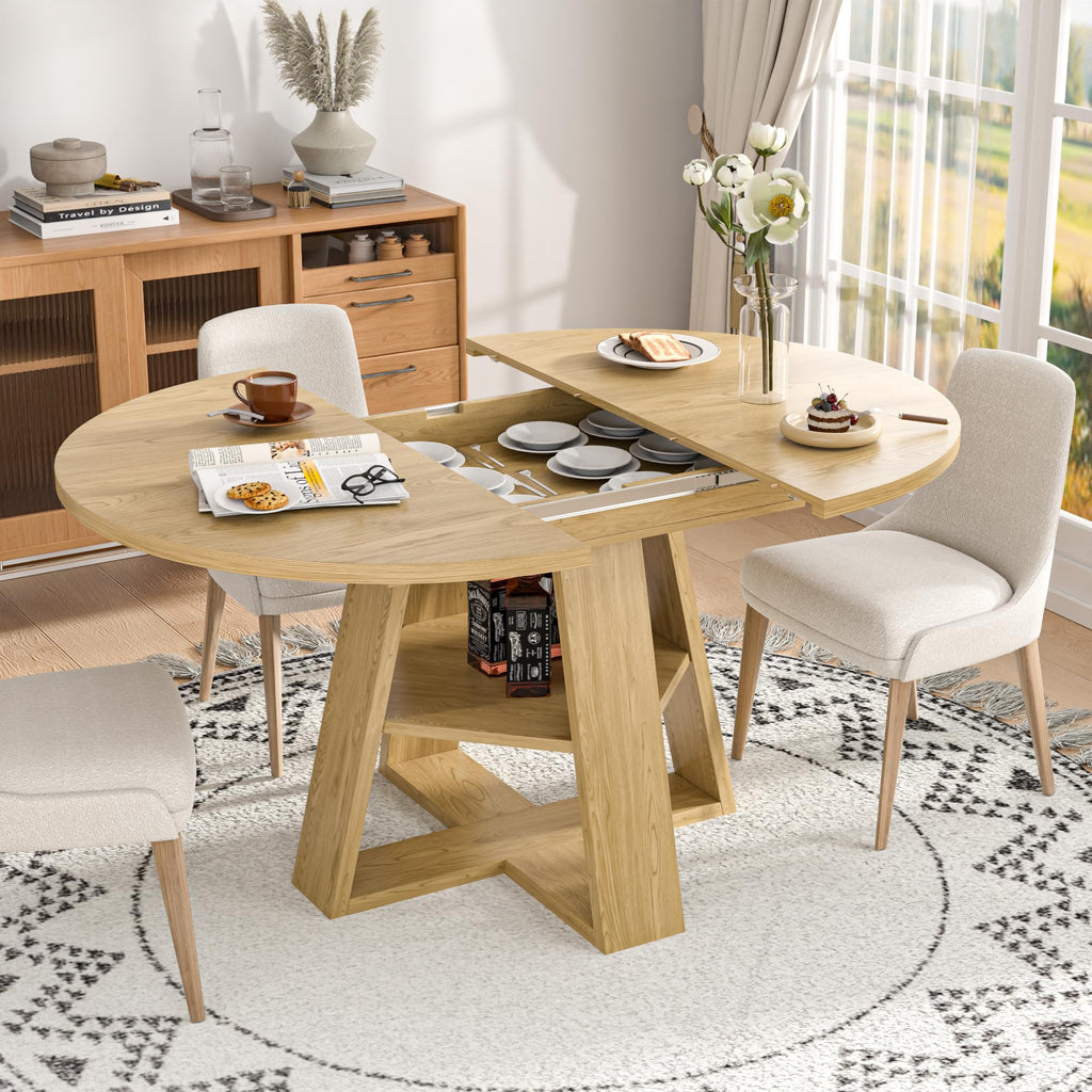 43.3"-59" Extendable Round Oval Dining Table for 4-8 with Storage Shelf