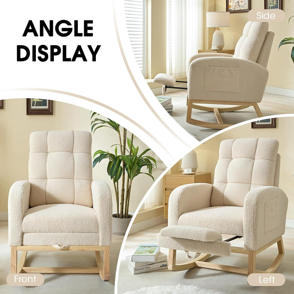 Modern Nursery Rocking Chair, Teddy Upholstered Rocking Chair with Footrest, Comfortable Rocker Glider with Side