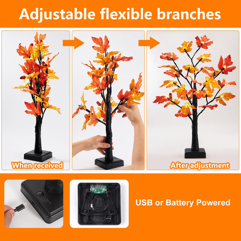 Fall Decor 2 Pack 24 Inch Maple Tree Lights - 48 LED Autumn Decorations with Pumpkins & Acorns, Timer, USB & Battery