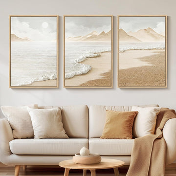 Large Framed Boho Abstract Beach Wall Art, 24x36 Inch - Set of 3