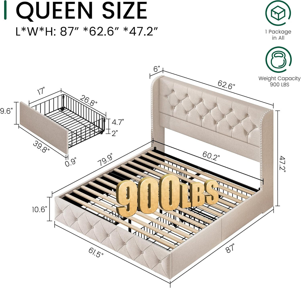 Queen Bed Frame with 4 Storage Drawers and 47.2" Tall Tufted Headboard Linen Upholstered Platform Bed Frame Wingback