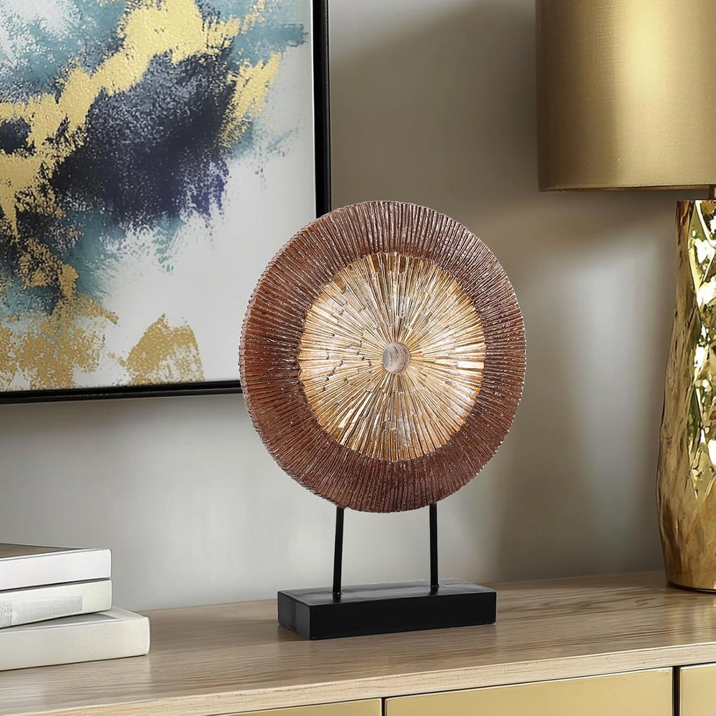 Wood Color Round Irregular line Statue, Unique Home Sculpture for Cabinet Above Coffee Table, entryway Table top TV