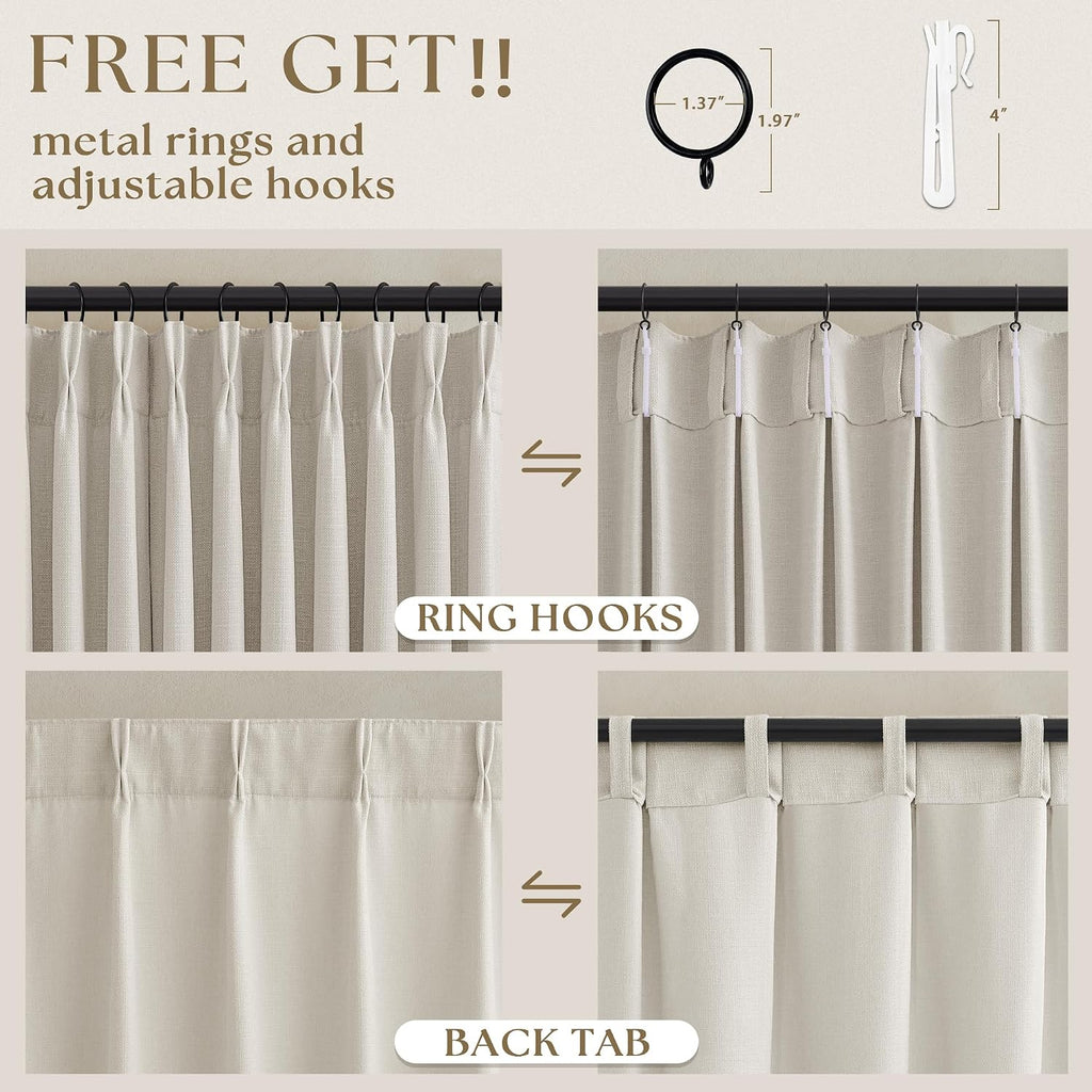 Natural Pinch Pleated Semi Sheer Curtains 2 Panels Set for Sliding Glass Doors, Memory Shape Pleat Thick