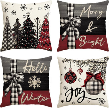 Merry Christmas Joy Xmas Trees Red Throw Pillow Covers, 20x20 Inch Christmas Winter Holiday Cushion Case Decoration - Set of 4