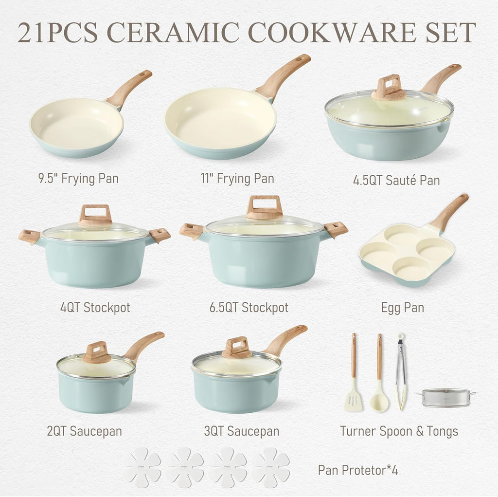 21pcs Ceramic Cookware Sets, Pots and Pans Set Blue | Non-Toxic, Healthy Kitchen set, Induction Compatible, Easy