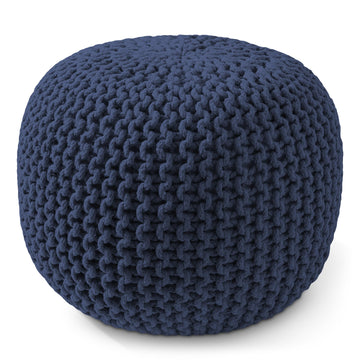 Round Pouf Ottoman, Navy Blue - 20" Diameter x 14.5" High Cotton Knit Foot Stool - Boho Floor Pouffe