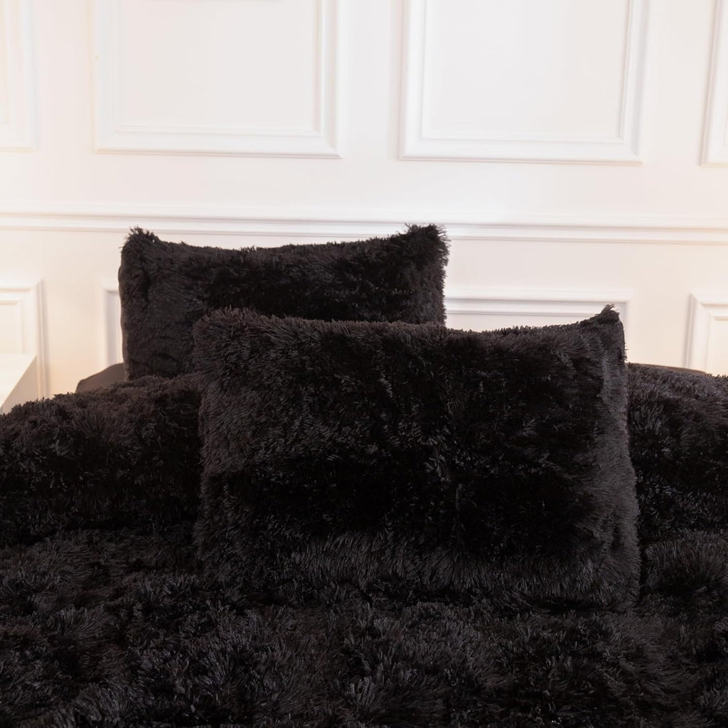 Comforter Set Black, Fluffy Winter Faux Fur Warm Soft Plush Bedding Comforter Set (1 Velvet Comforter & 2