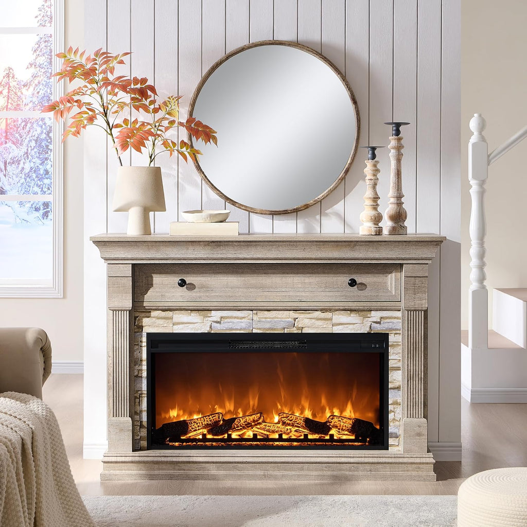 52" Farmhouse Electric Fireplace TV Stand with Mantel & Cabinet