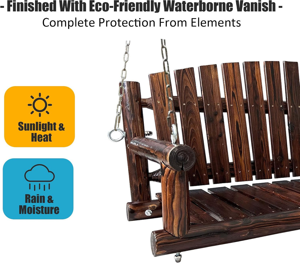 3.5 FT Rustic Log Wooden Porch Swing, Heavy-Duty 900 LBS, Outdoor Hanging Bench , Garden, Yard - Solid Fir Wood