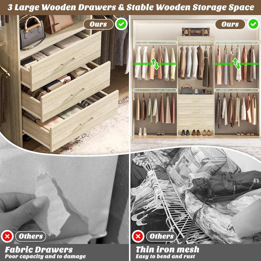 Closet System, Closet Organizer with 3 Wooden Drawers, Closet Organizer System, Walk-in Closet Wardrobe Clothes Rack