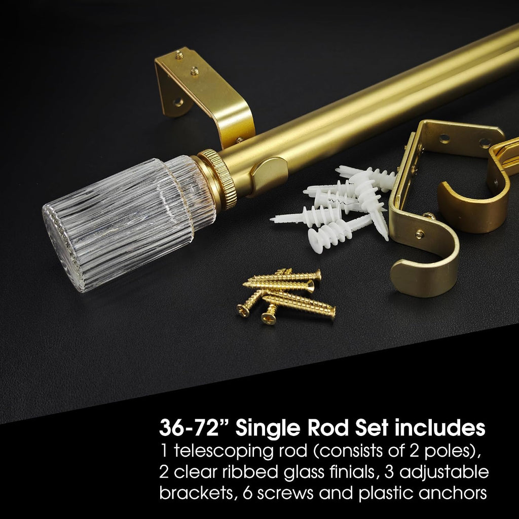 1-1/8 Inch Diameter Gold Curtain Rods with Ribbed Glass Finial, 36-72 inch Telescoping Single Curtain Rods for window