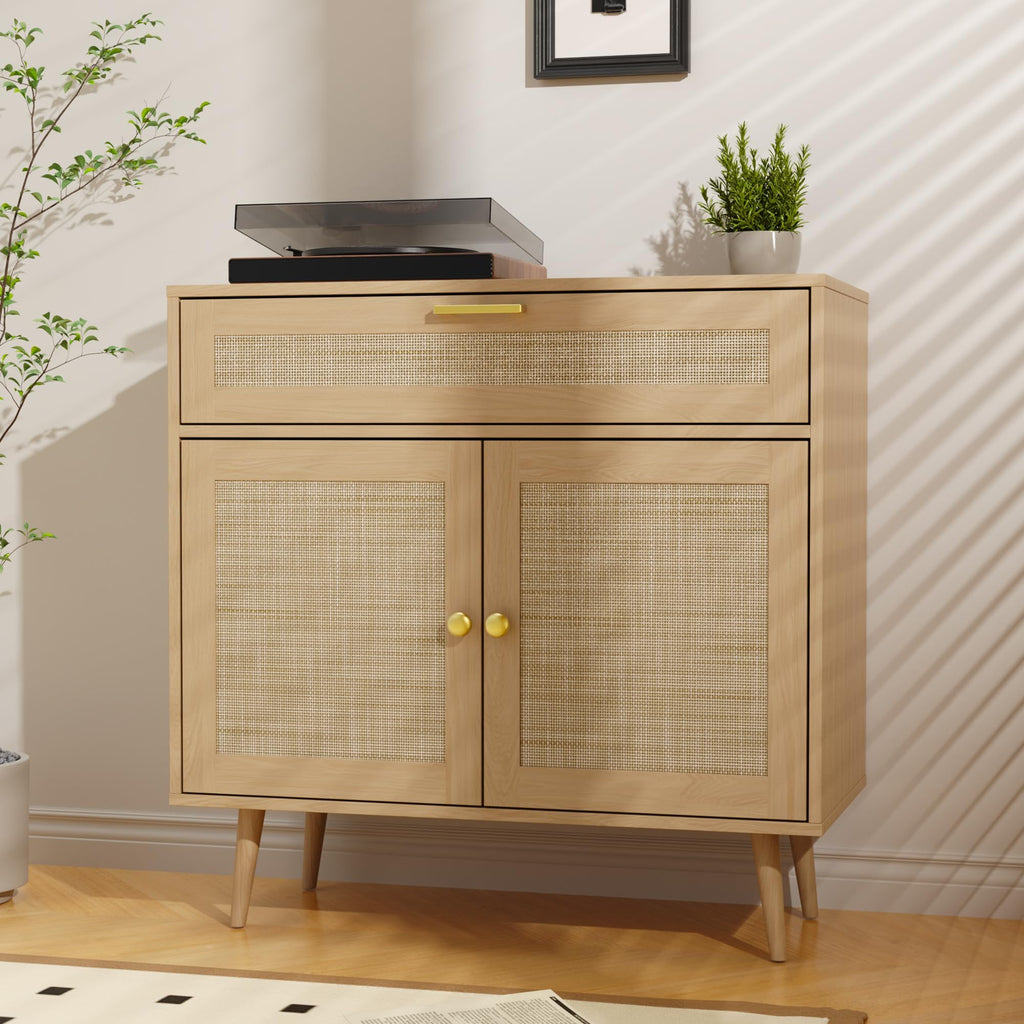 Rattan Sideboard Buffet, Boho Kitchen Cabinet with Drawer & 2 Doors, Modern Mid Century Accent Cabinet with