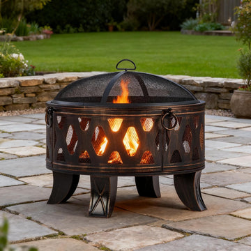 26 Inch Wood Burning Fire Pit with Cooking Grill and Spark Screen, Outdoor Metal Round Firepit