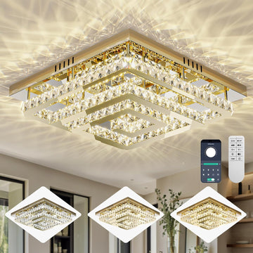 34" Modern Gold Crystal Chandelier with Remote/App Control, Dimmable Flush Mount Ceiling Light Fixture,3-Color