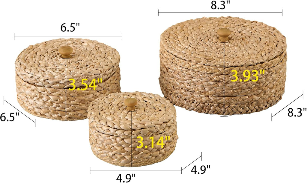 Round Rattan Storage Boxes with Lids Set of 3, Handwoven Wicker Basket, Small Baskets for Shelves, Boho Organizer