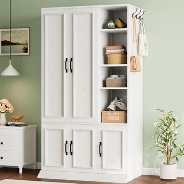 Armoire Wardrobe Closet 70" H, 5 Doors , White | Wooden Wardrobe with 4 Storage Shelves and Hanging Rod, Clothing