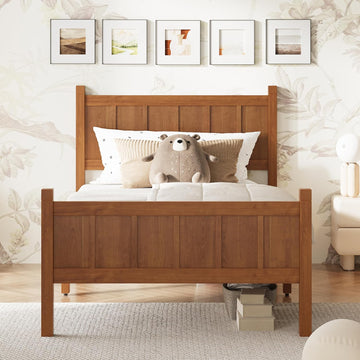Twin Platform Bed Frame with Headboard & Footboard, Modern Farmhouse Wood Grain Flat Panel Bed for Kids, Teens, Small