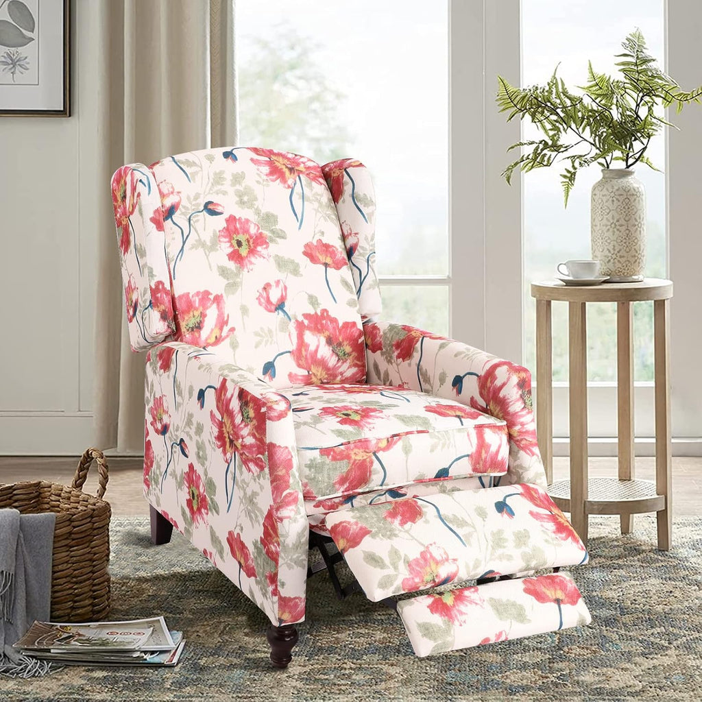 Upholstered Wingback Recliner Chair, Traditional Push Back Recliner Chair with Padded Seat, Fabric Floral Chair