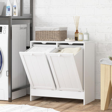 Double Tilt Out Laundry Hamper Cabinet with Storage 2 Doors White