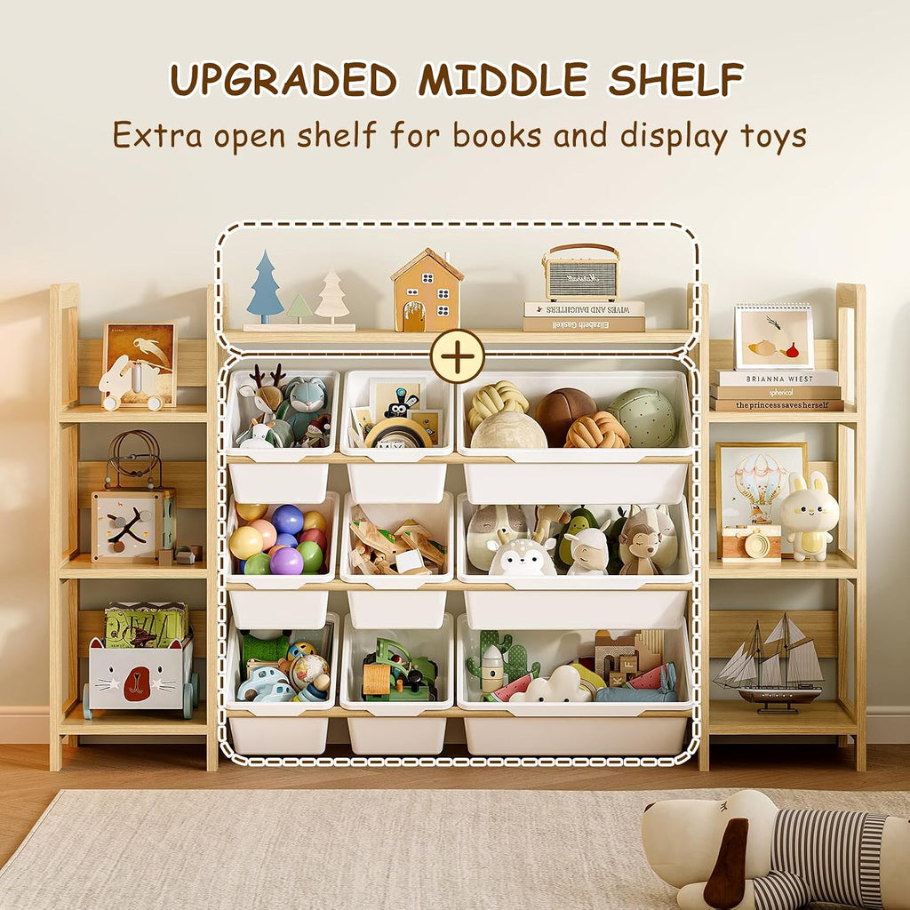 Large Toy Storage Organizer, Top Rack, 6 Side Shelves, 9 Bins | Solid wood kid-height storage for toys, books and