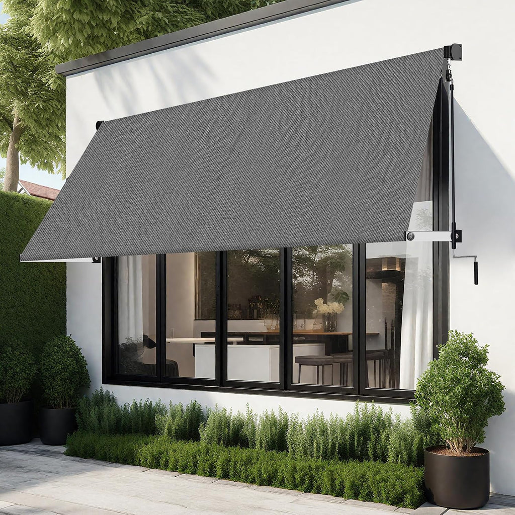 120" X 96" Manual Retractable Awnings Shades Roll Up Outdoor Sunshade Cloth for Backyard, Garden, Balcony, Grey