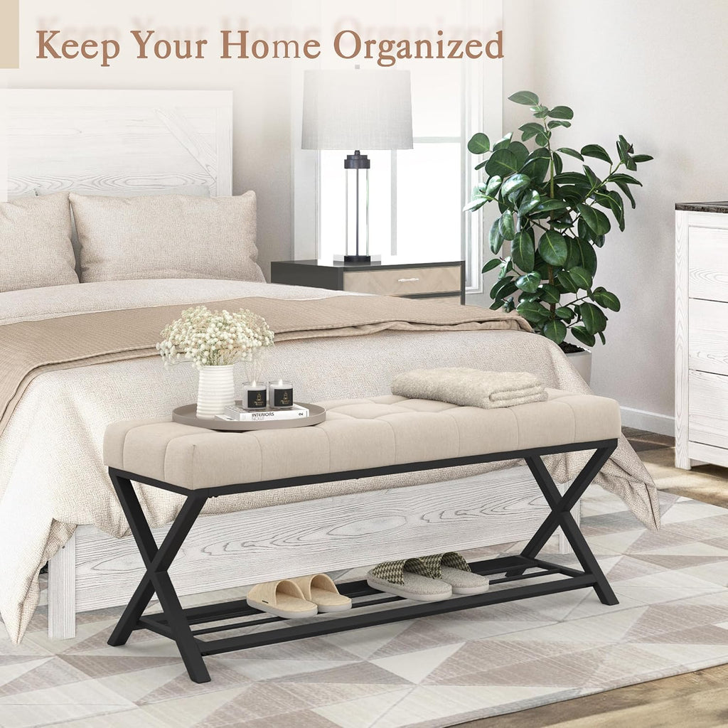 44.5" End of Bed Bench with Shelf, Linen Tufted Upholstered Storage Shoe Bench, Modern Bedroom Bench with Metal Legs