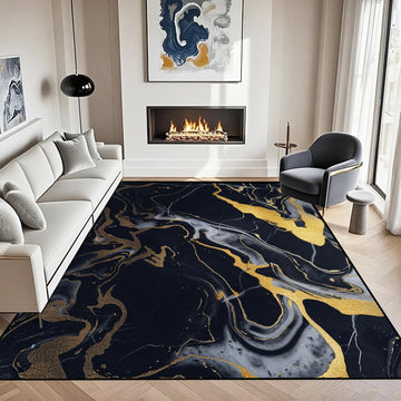 Marble Area Rug Bedroom Dining Room Dorm Black Gold Abstract Rug Marble-Patterned Carpet Washable Marbling