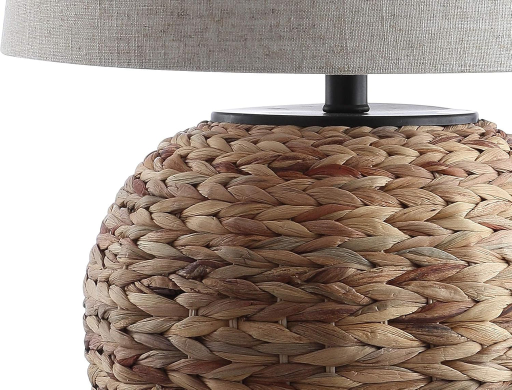 24.5" Natural Water Hyacinth Farmhouse Basket Table Lamp, Coastal Decor Bedroom Nightstand, Light Gray Linen Shade