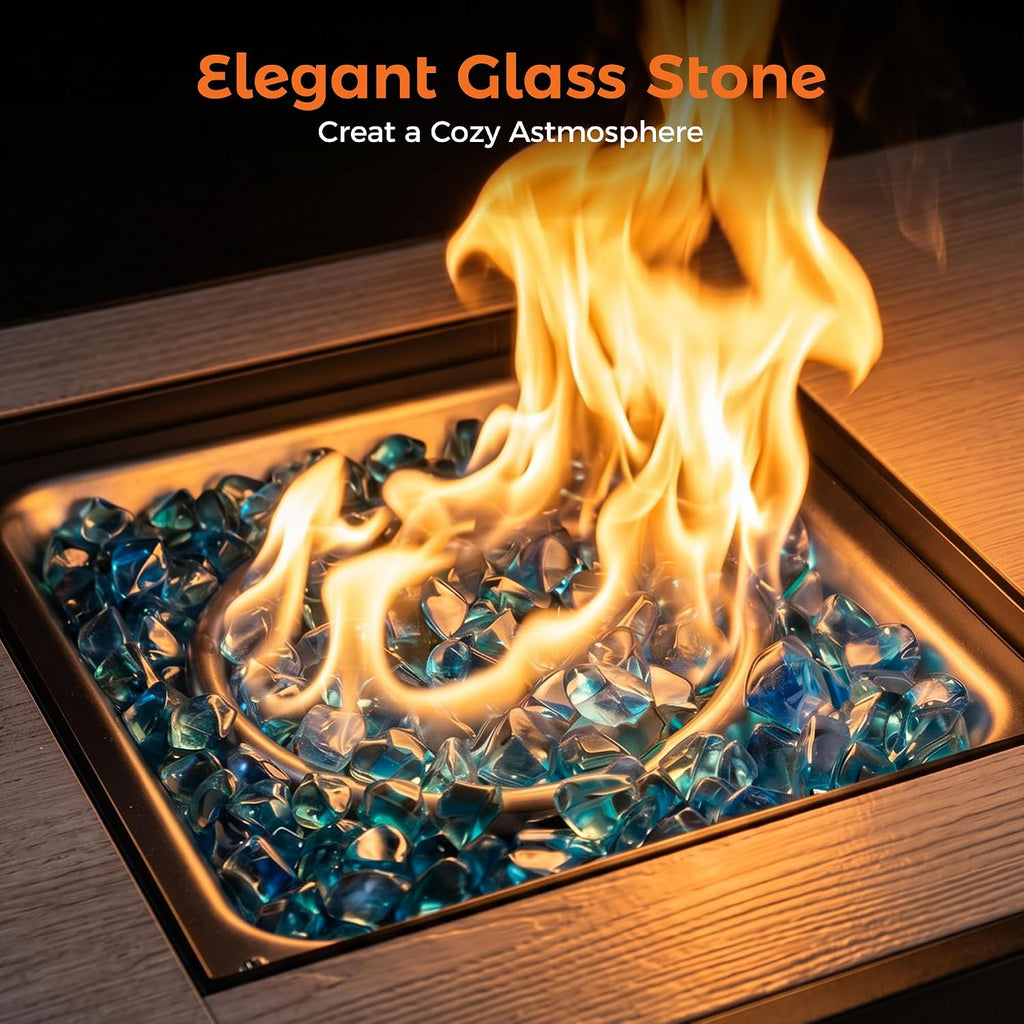 42 inch 50,000 BTU Rectangular Propane Gas Fire Pit Table with Fire Glass and Table Lid, Fire Pits Outdoor