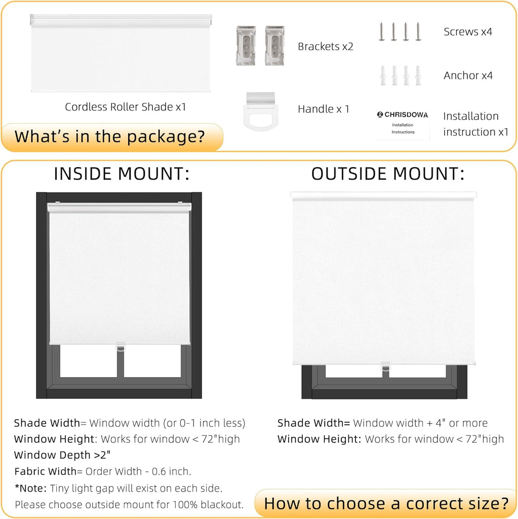 Cordless Blackout Roller Shades for Windows, Thermal Insulated UV Protection Pull Down Shades, Total Blackout Window