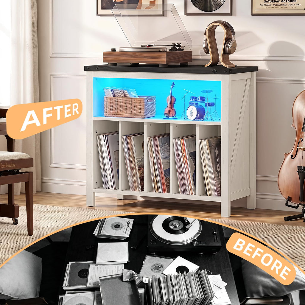 Large Record Player Stand with Power Outlets & 20-Color Lights