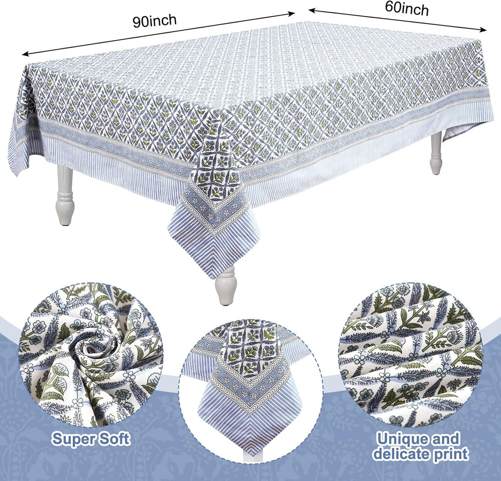 60'' x 90'' Cotton Tablecloth Handmade Cotton Floral Tablecloth Washable Print Rectangle Table Cover