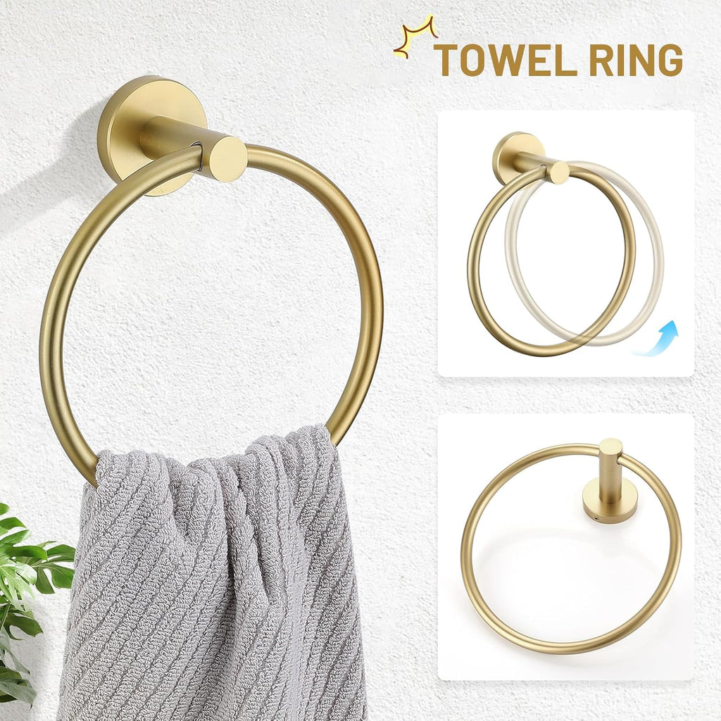 Brushed Gold 4-Pieces Towel Ring Set Include Towel Ring Double Base Toilet Paper Holder Towel Hook SUS304 Stainless