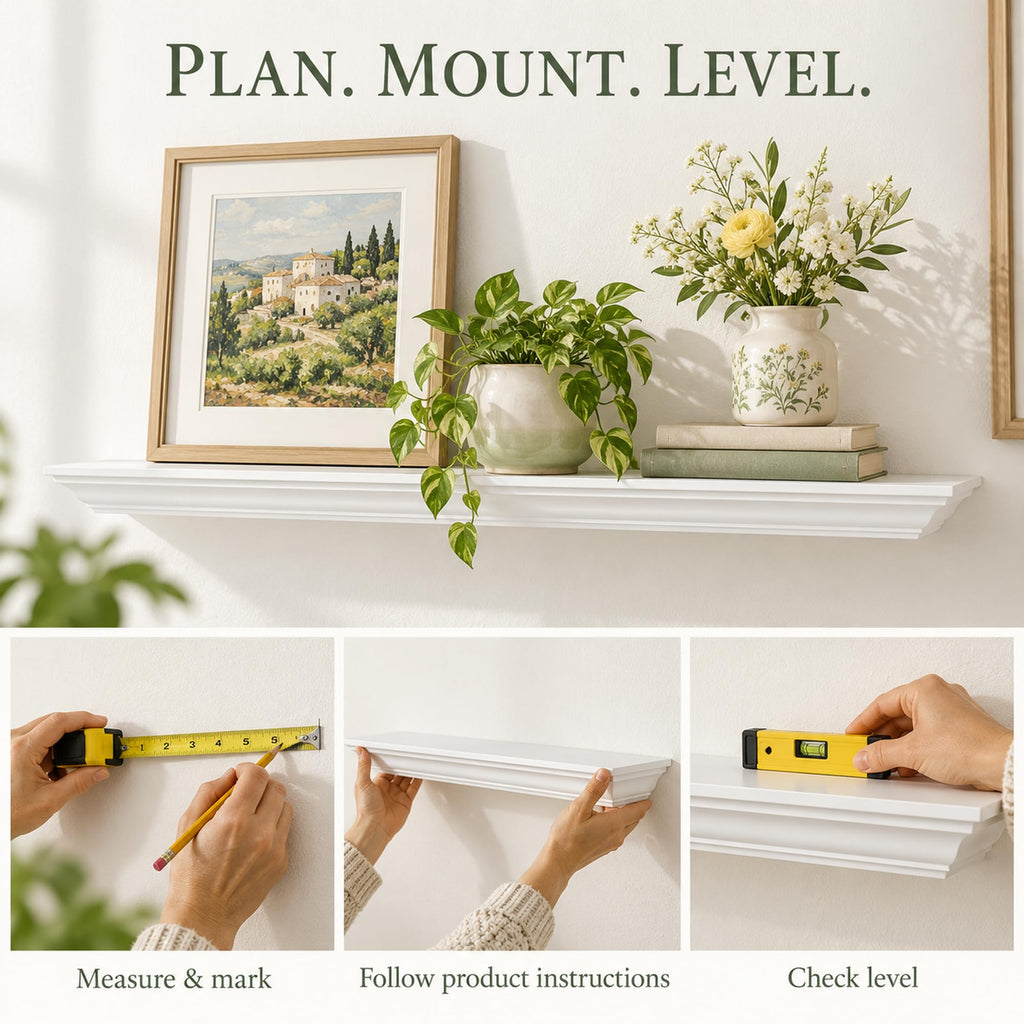 36" White Floating Shelf, Solid Pine Crown Molding Mantel Shelf