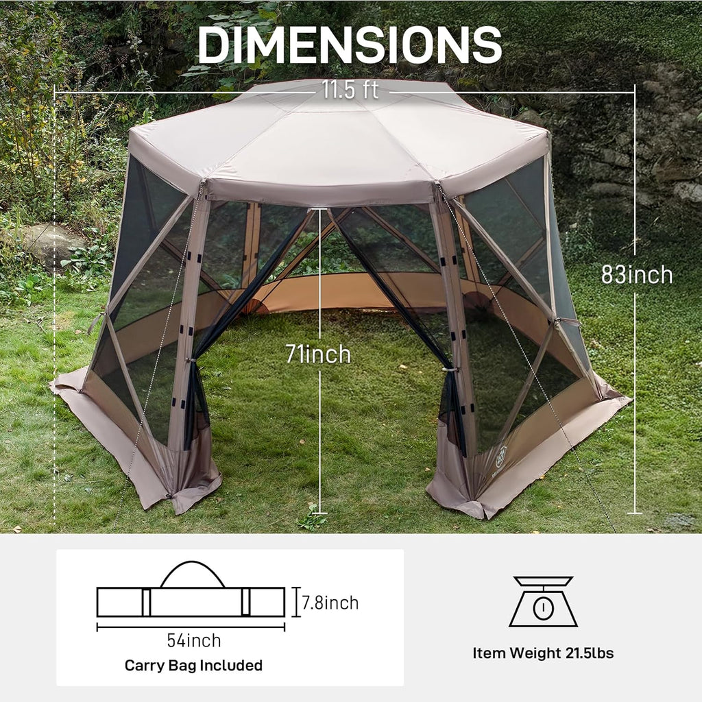 Pop up Screen House Tent 11.5 x 9.8 ft, Instant Screened Gazebo Canopy with Netting, Portable Shelter Enclosure Khaki