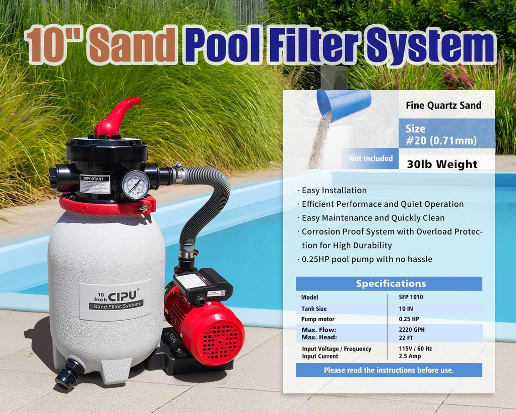 10-inch Sand Filter Pump System for Above Ground Pools, 0.25HP 115V Pool Sand Filter with 4-Way Valve