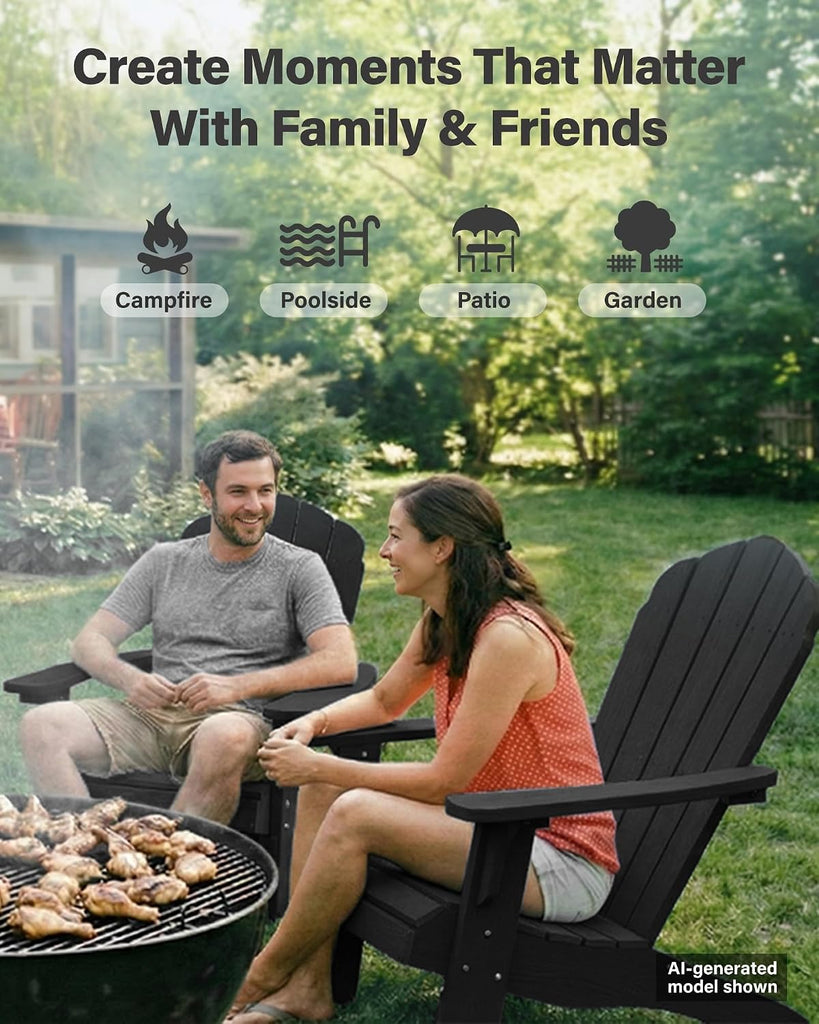 Oversized Adirondack Chair with Cup-Holder - Black | Heavy Duty Poly Lumber Outdoor Fire Pit Chair, Weather